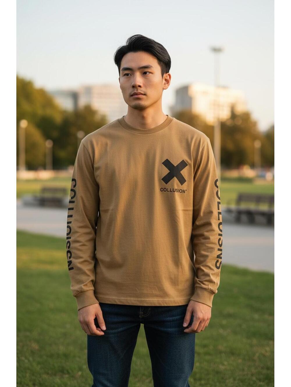 Unisex COLLUSION Long Sleeve Logo T-Shirt Brown Size L